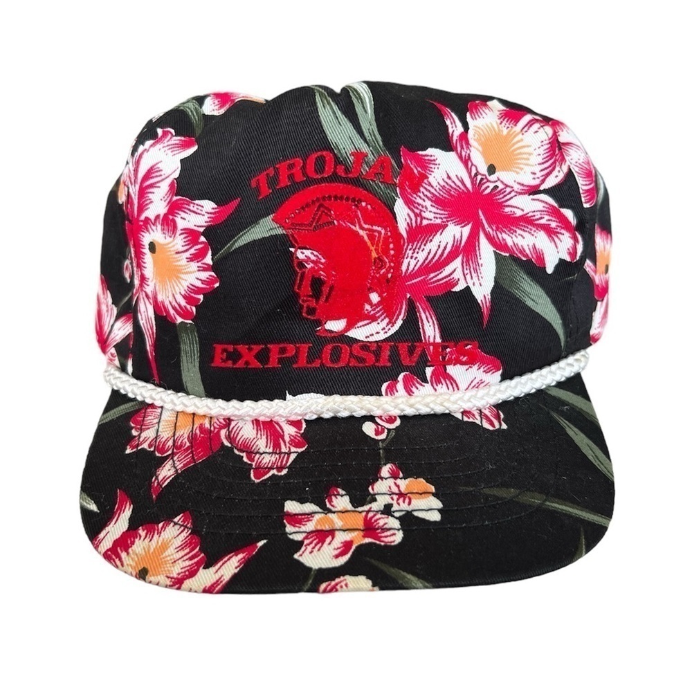 Vintage Trojan Explosives Tropical Floral Rope Bill Adjustable Snapback Hat 90s